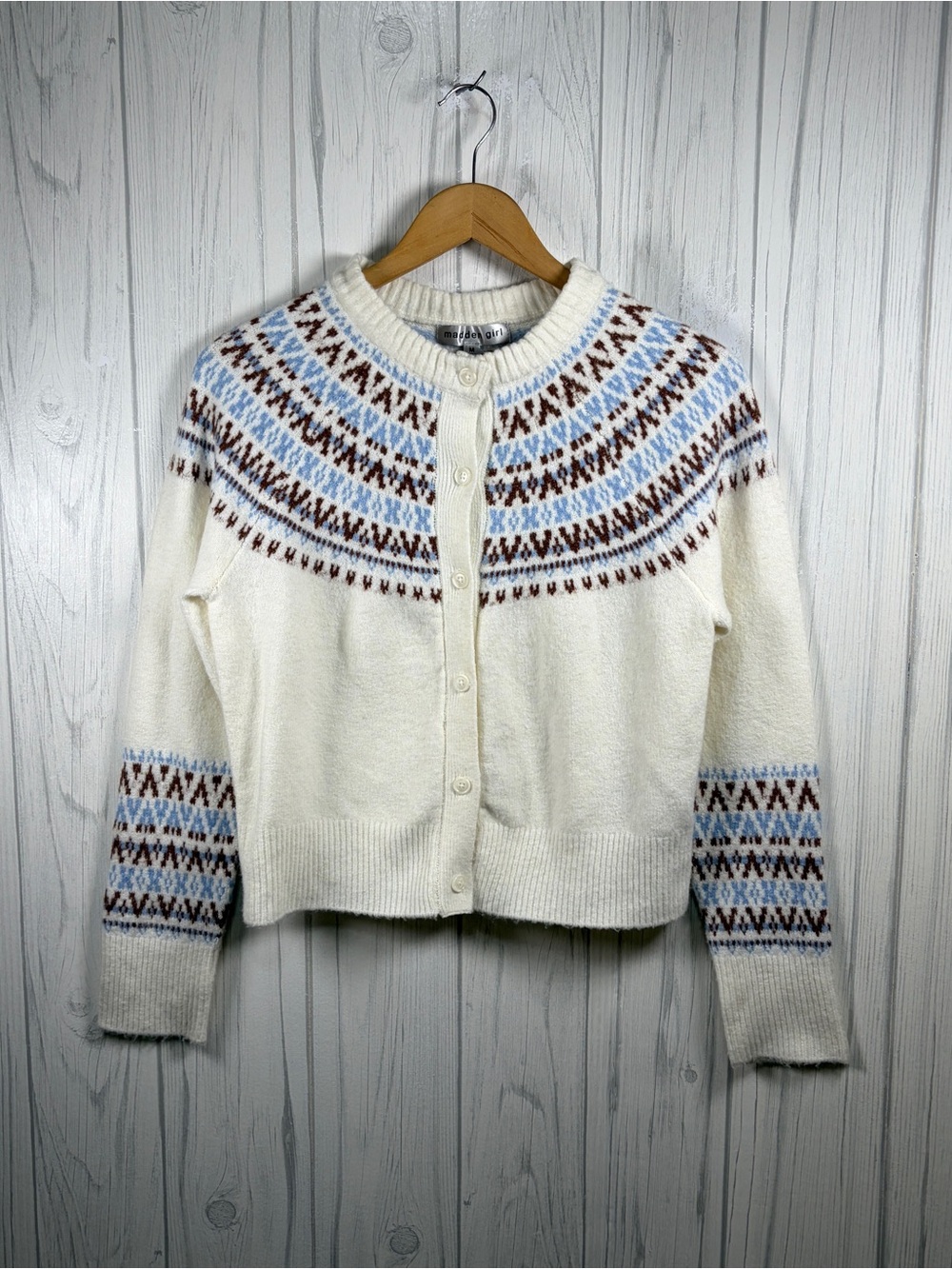 MADDEN GIRL Button-Up Fair Isle Cardigan Ivory, Blue & Brown, Medium